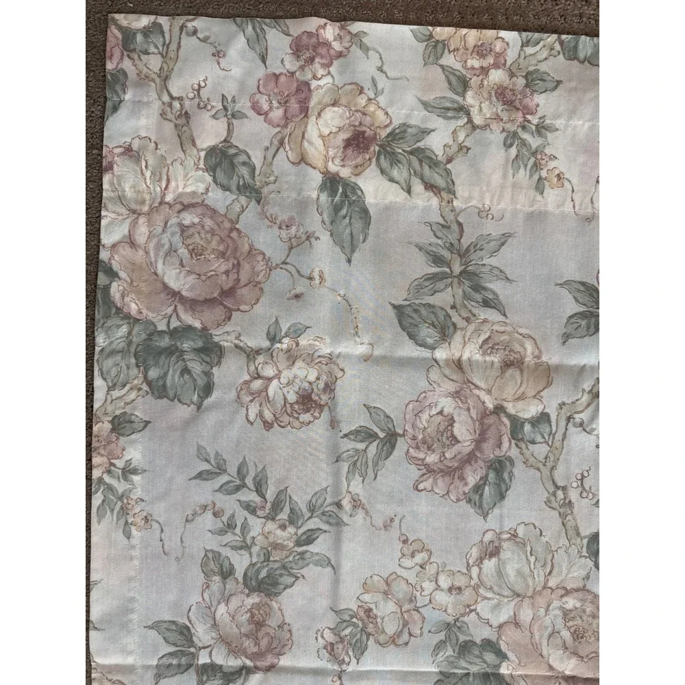 VTG Floral Cabbage Rose Curtain Panel Pink Sage Green Rod Pocket 41x85 USA Set 2